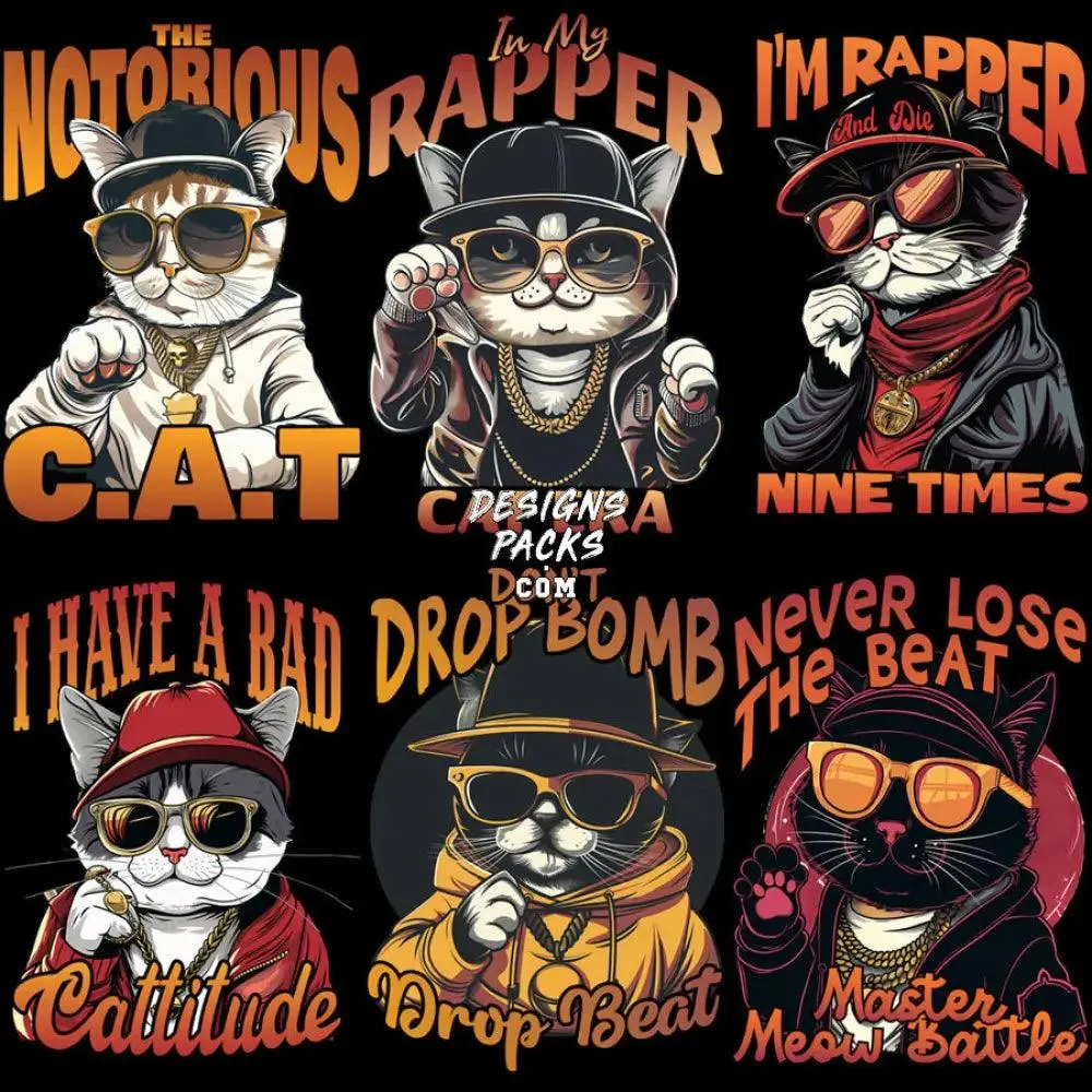 16 Hip Hop Rap Cat Designs Bundle PNG