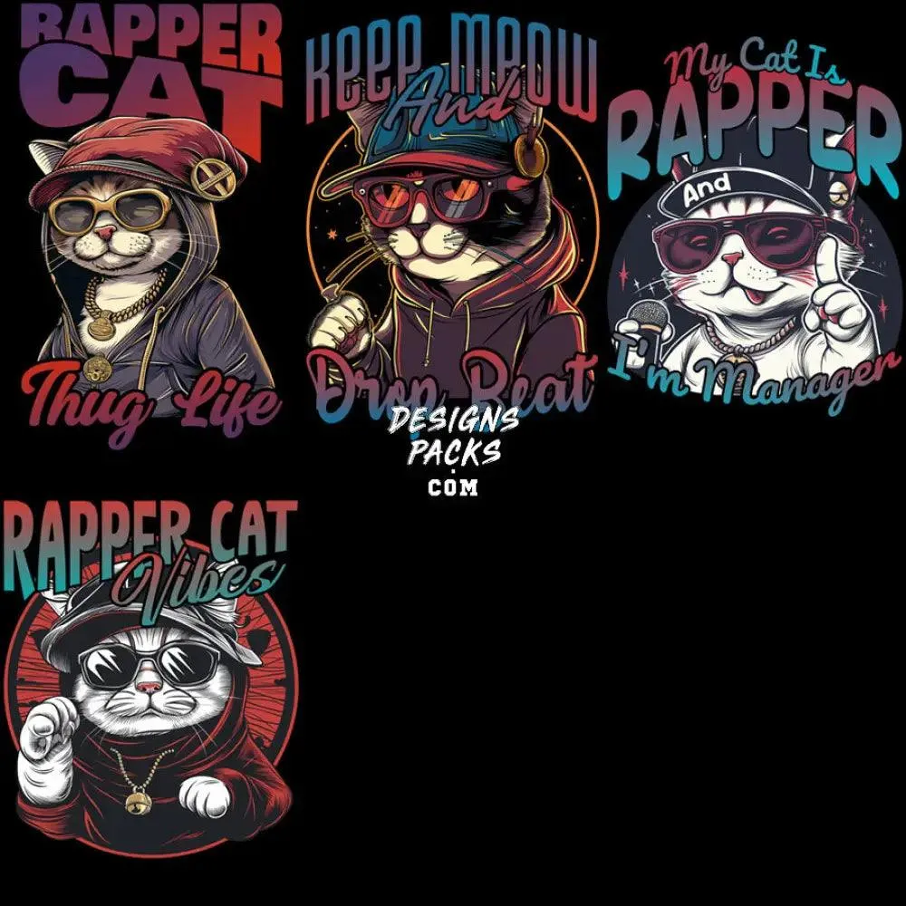 16 Hip Hop Rap Cat Designs Bundle PNG