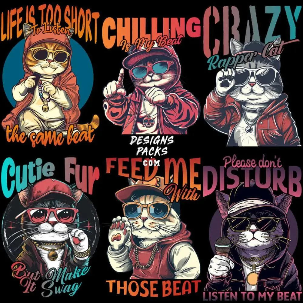 16 Hip Hop Rap Cat Designs Bundle PNG