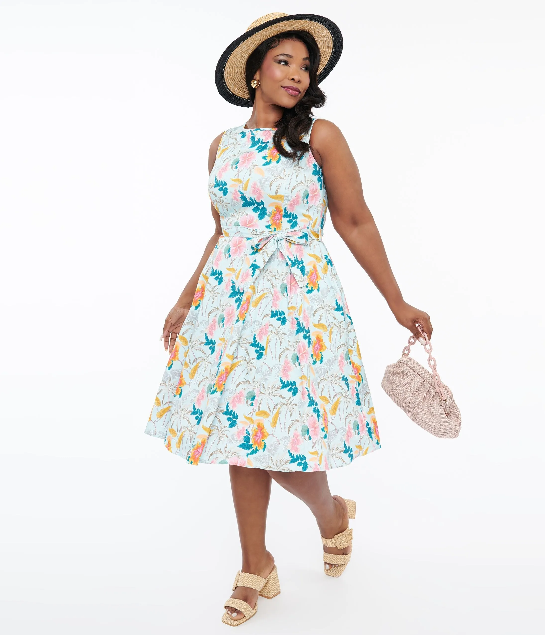 1950s Blue Tropical Holiday Cotton Hepburn Swing Dress