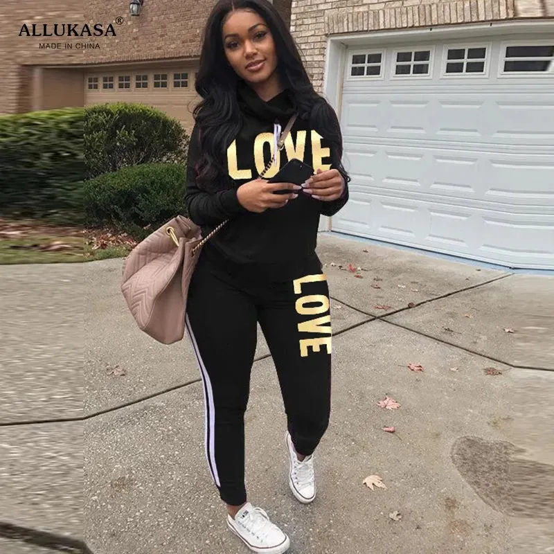 2 Piece Set Women Outfit LOVE Letter Print High Neck Hoodies Sweatshirt Pants Tracksuit 2022 Plus Size Streetwear Casual Suit