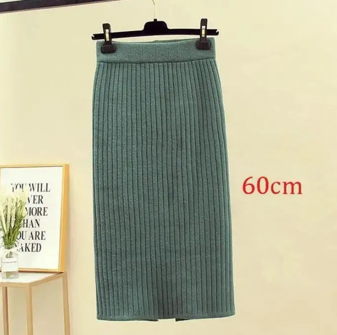 2022 Women's Spring Pencil Knitted Skirt High Waist Warm Elegant Knitting Ribbed Party Skirt Black Solid Ladies Office Skirts