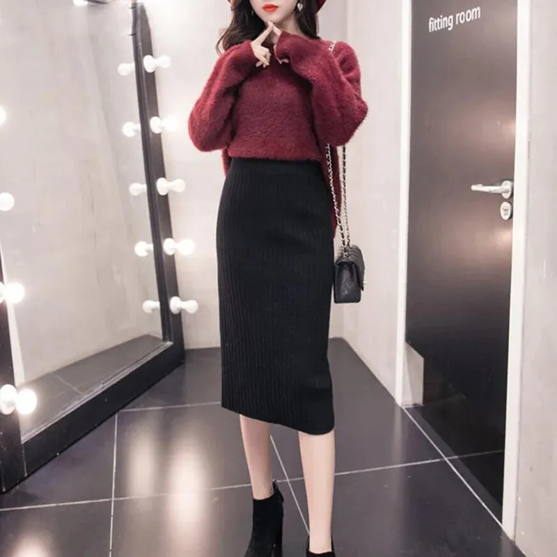 2022 Women's Spring Pencil Knitted Skirt High Waist Warm Elegant Knitting Ribbed Party Skirt Black Solid Ladies Office Skirts