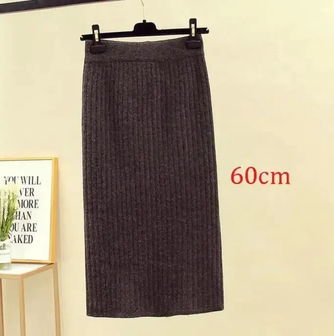 2022 Women's Spring Pencil Knitted Skirt High Waist Warm Elegant Knitting Ribbed Party Skirt Black Solid Ladies Office Skirts