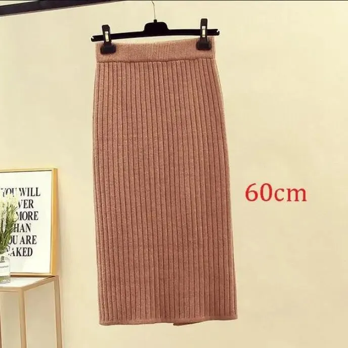 2022 Women's Spring Pencil Knitted Skirt High Waist Warm Elegant Knitting Ribbed Party Skirt Black Solid Ladies Office Skirts