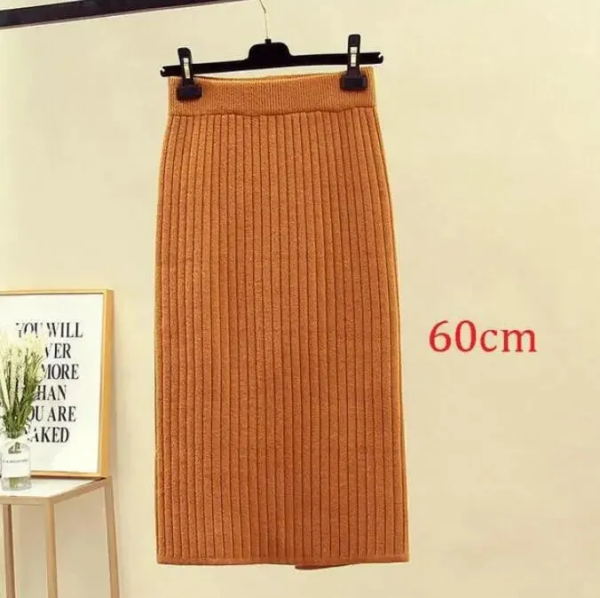 2022 Women's Spring Pencil Knitted Skirt High Waist Warm Elegant Knitting Ribbed Party Skirt Black Solid Ladies Office Skirts