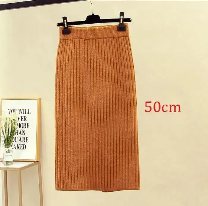 2022 Women's Spring Pencil Knitted Skirt High Waist Warm Elegant Knitting Ribbed Party Skirt Black Solid Ladies Office Skirts