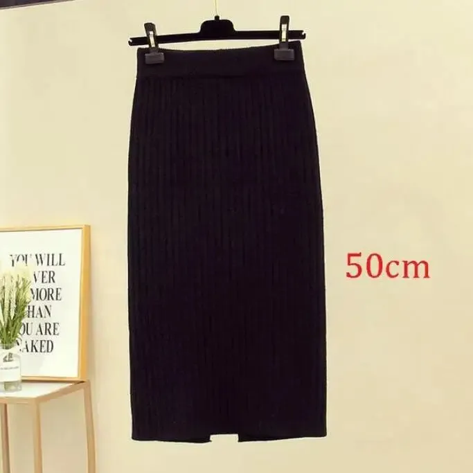 2022 Women's Spring Pencil Knitted Skirt High Waist Warm Elegant Knitting Ribbed Party Skirt Black Solid Ladies Office Skirts