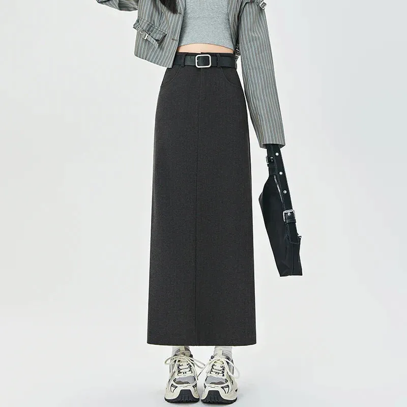 2024 New Autumn Winter Wool Blend Long Womens Fashion High Waist A-line Midi Ladies Elegant Woolen Skirt