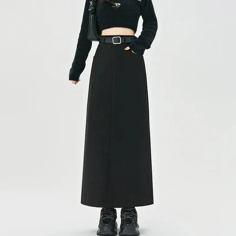 2024 New Autumn Winter Wool Blend Long Womens Fashion High Waist A-line Midi Ladies Elegant Woolen Skirt