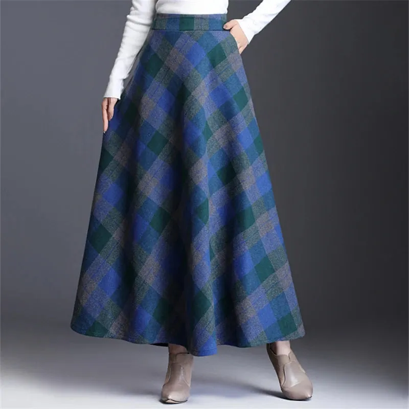 A-Line Wool Tartan Skirt with England Style Midi-Length