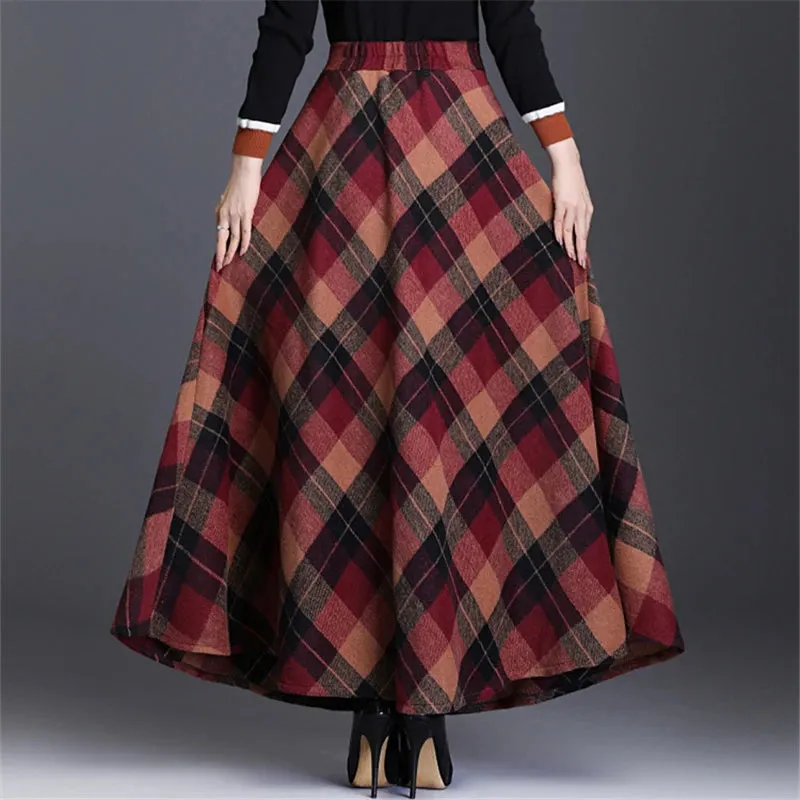 A-Line Wool Tartan Skirt with England Style Midi-Length