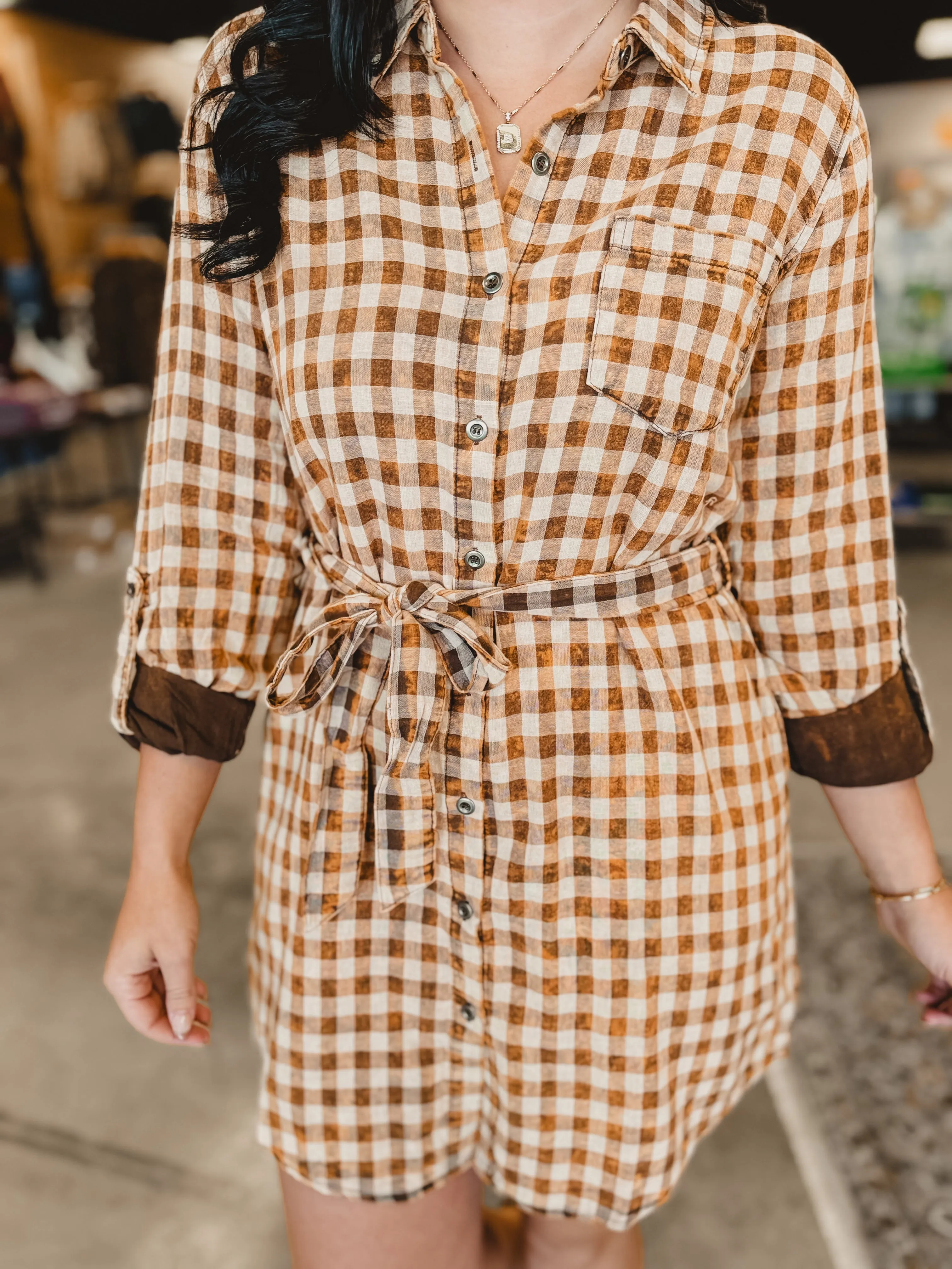 Acid Washed Plaid Dress - Burnt Rust