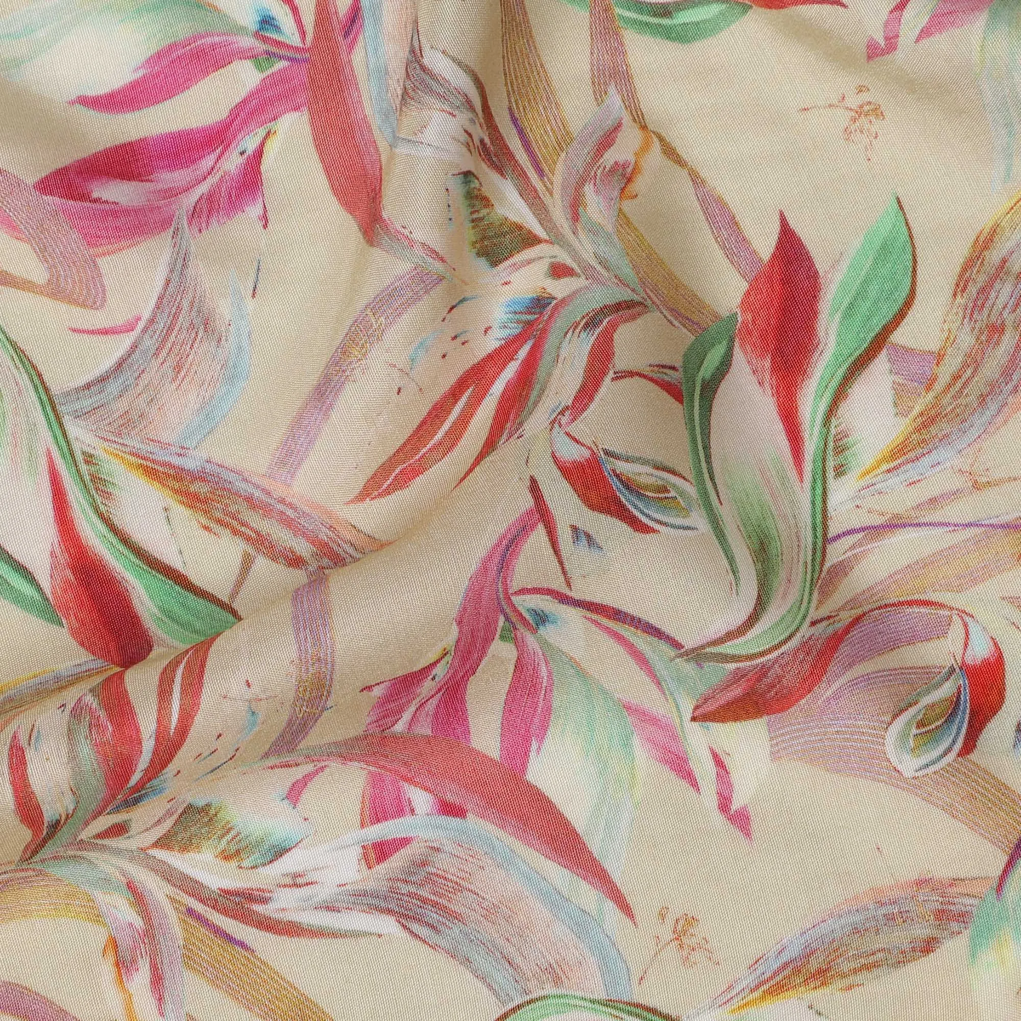 Beige Viscose Cotton Digital Printed Fabric with Abstract Leaf Design, 110 cm Width-D21341