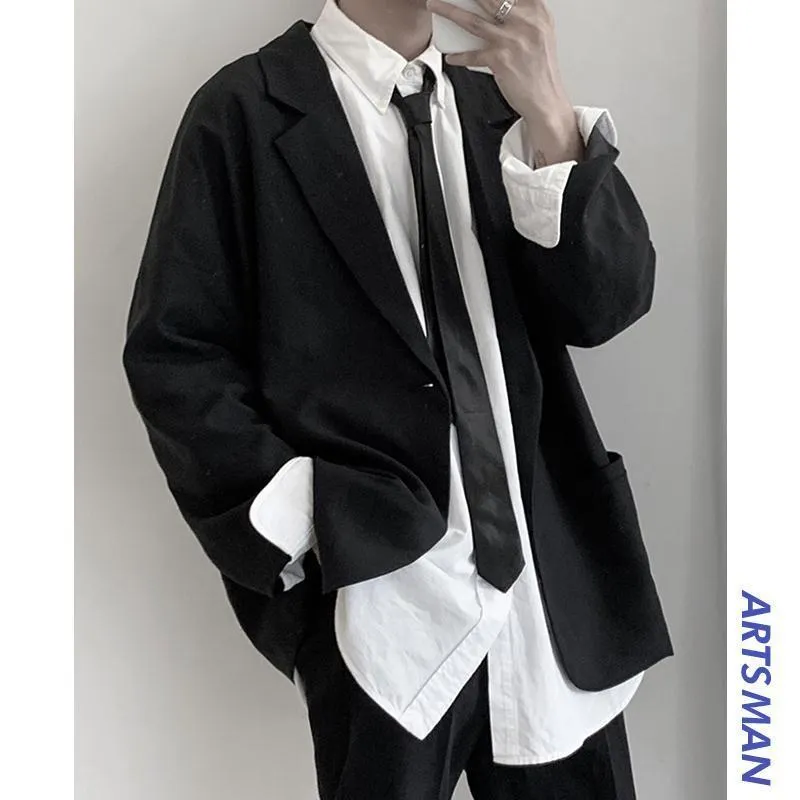 Blazers Men Spring Single Button Loose Pockets All-match Trendy Casual Korean Style Retro Mens Suits Ulzzang Chic Tops Harajuku