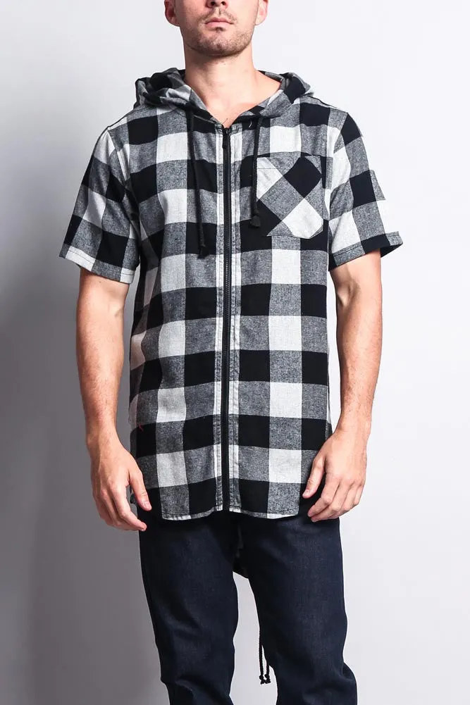 Buffalo Plaid Zip Up Short Sleeve Fishtail Hoodie