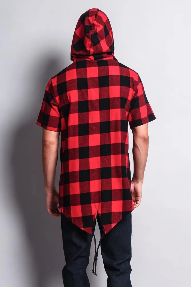 Buffalo Plaid Zip Up Short Sleeve Fishtail Hoodie