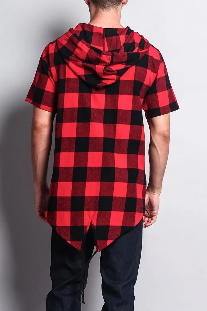 Buffalo Plaid Zip Up Short Sleeve Fishtail Hoodie