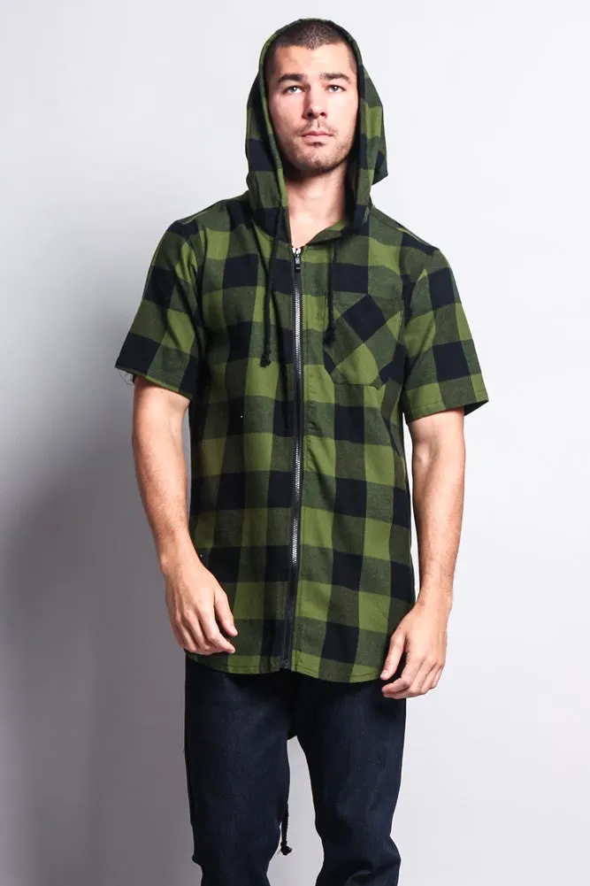 Buffalo Plaid Zip Up Short Sleeve Fishtail Hoodie