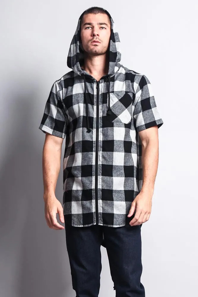 Buffalo Plaid Zip Up Short Sleeve Fishtail Hoodie