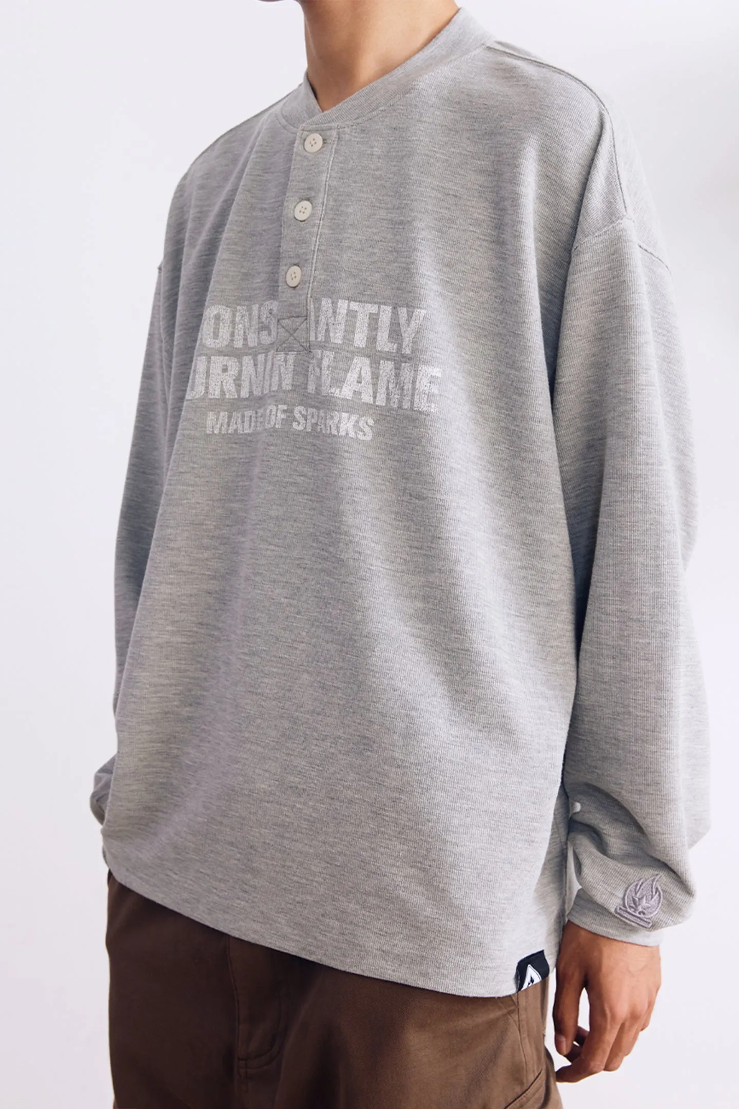 BURNIN*97'Series Worn Slogan Waffle Henley Collar Long Sleeve T-shirt