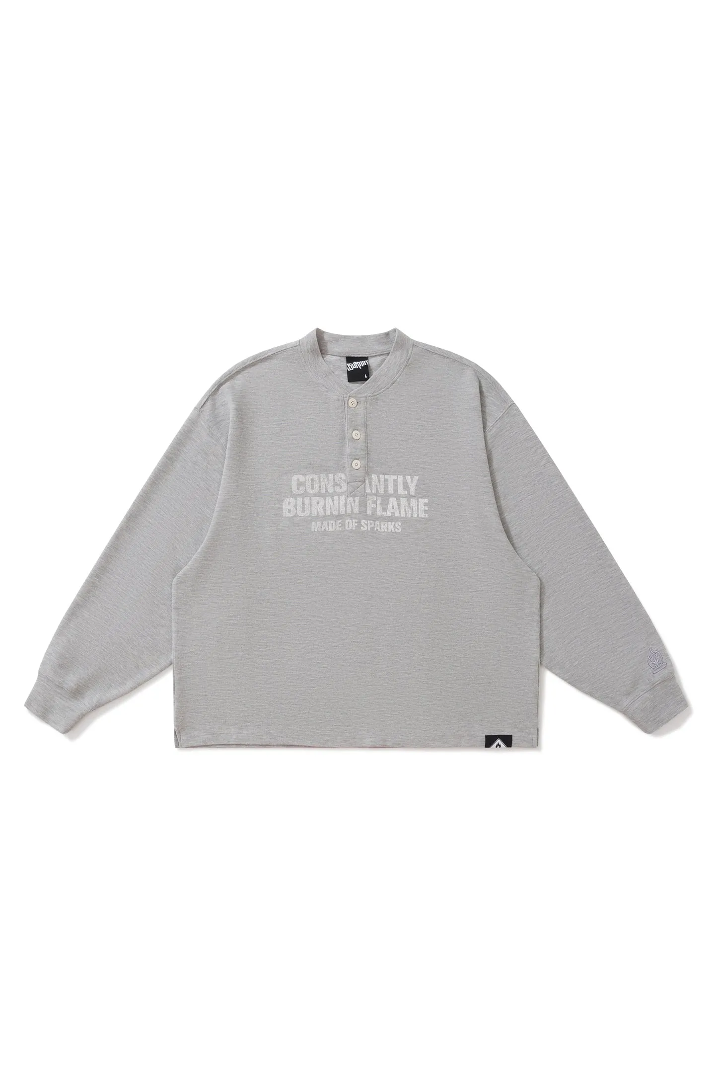 BURNIN*97'Series Worn Slogan Waffle Henley Collar Long Sleeve T-shirt