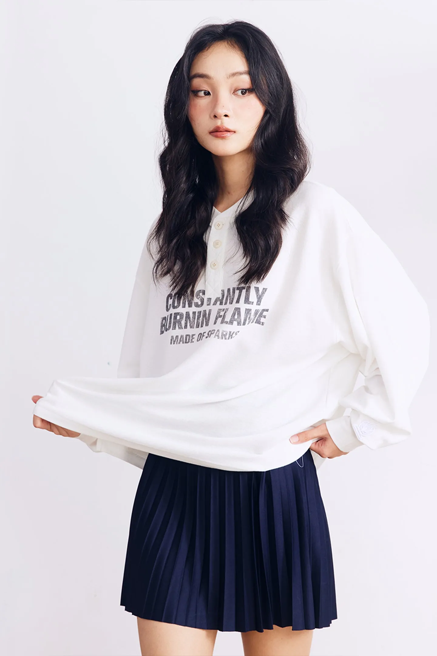 BURNIN*97'Series Worn Slogan Waffle Henley Collar Long Sleeve T-shirt