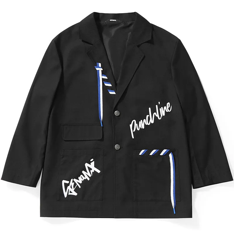 Casual Black Typography Ribbon Blazer