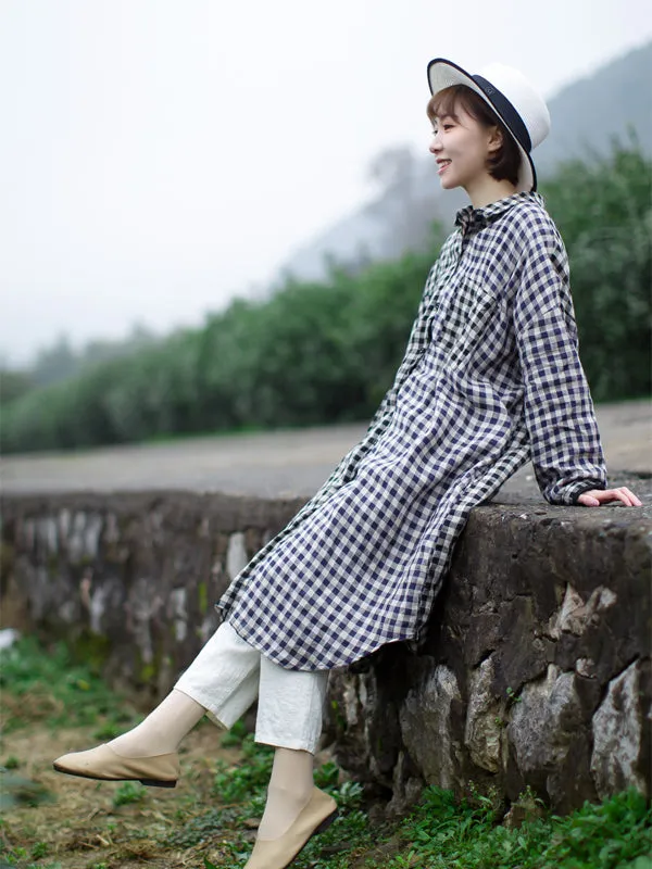 Checked 100% Soft Linen Spring Women Dresses Shirts CH90413