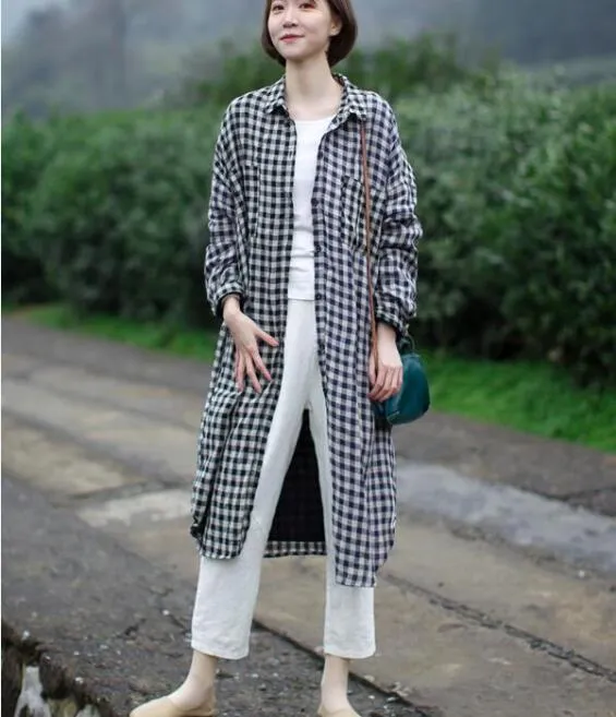 Checked 100% Soft Linen Spring Women Dresses Shirts CH90413