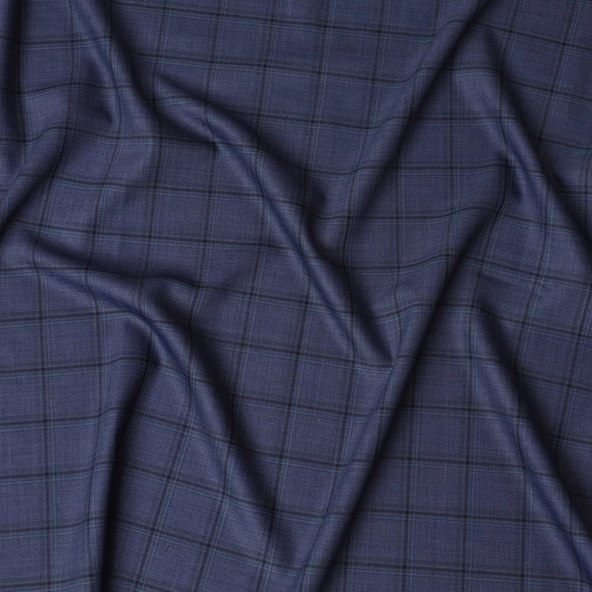 Classic Indigo Super 130's Wool Fabric - Italian Checkered Weave, 150cm Wide - D18241