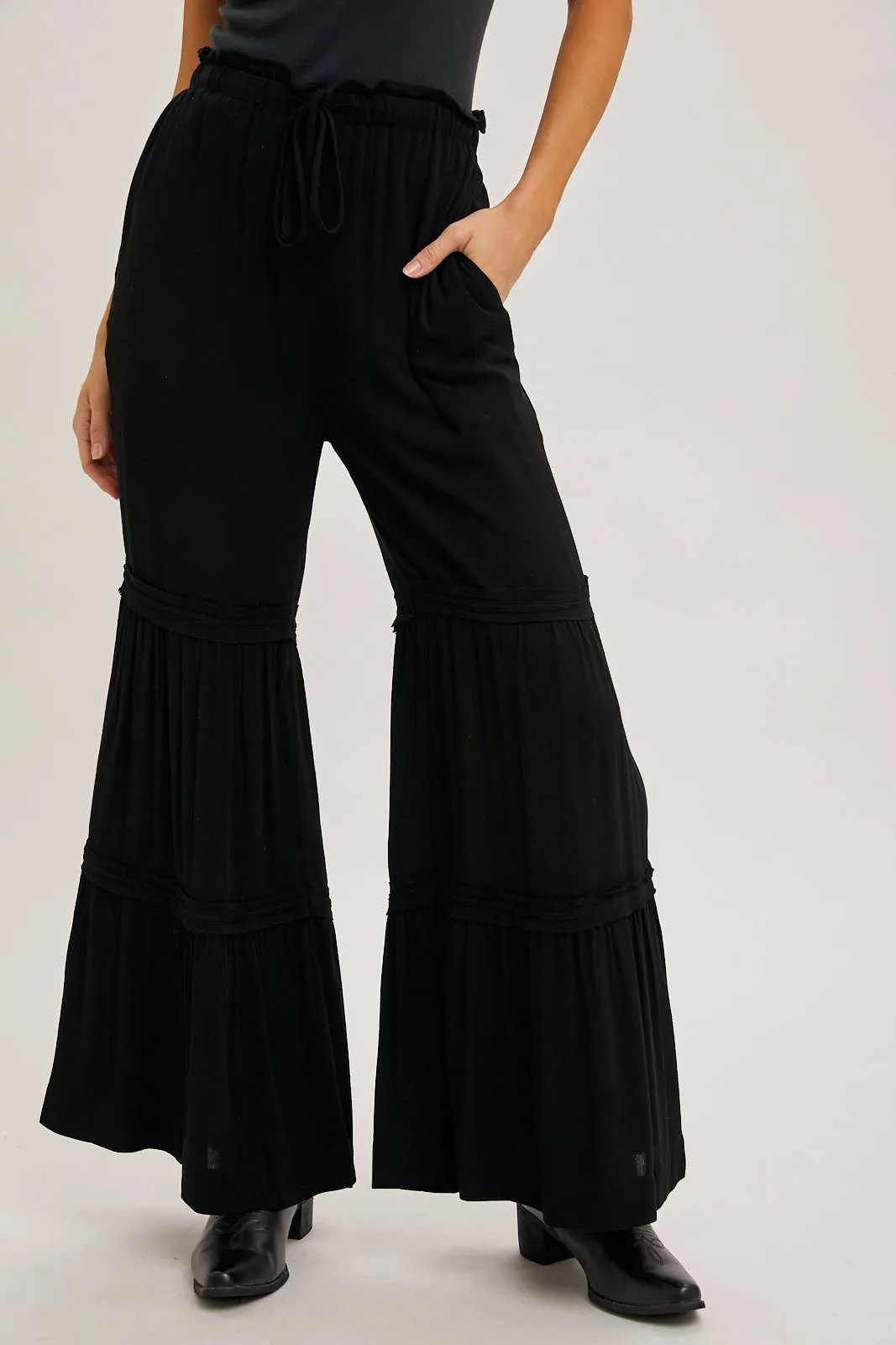 DRAWSTRING WAIST TIERED PALAZZO PANTS