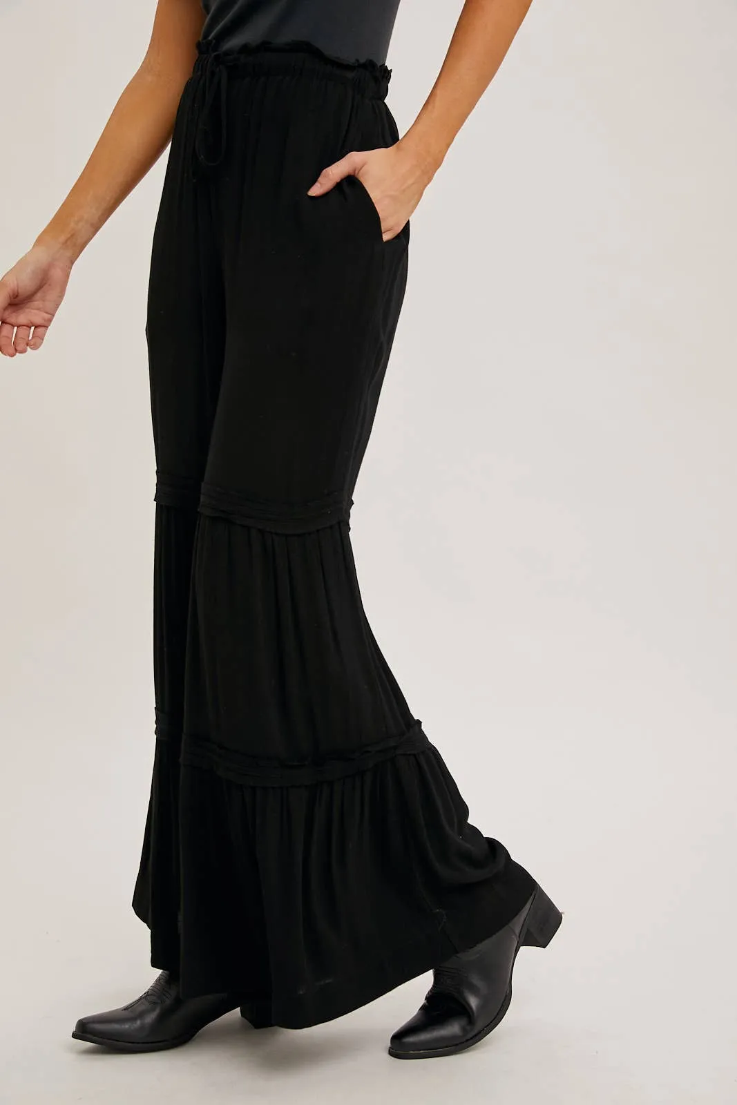 DRAWSTRING WAIST TIERED PALAZZO PANTS