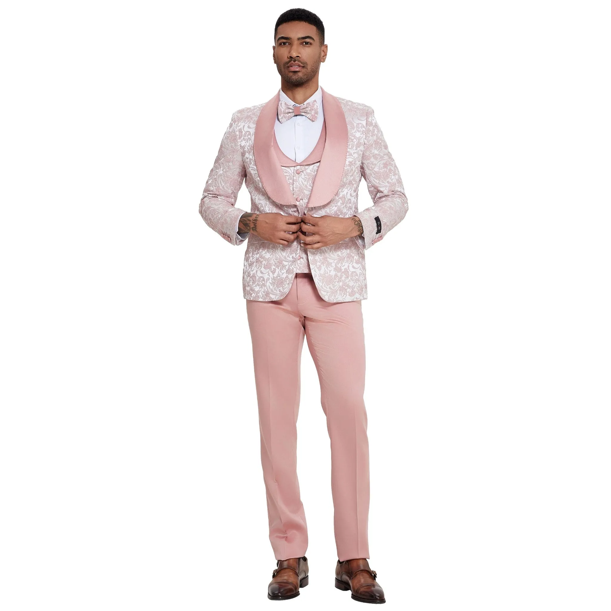 Elegant Blush Pink Paisley Tuxedo Suit with Satin Accents - Perfect for Prom & Wedding Seasons