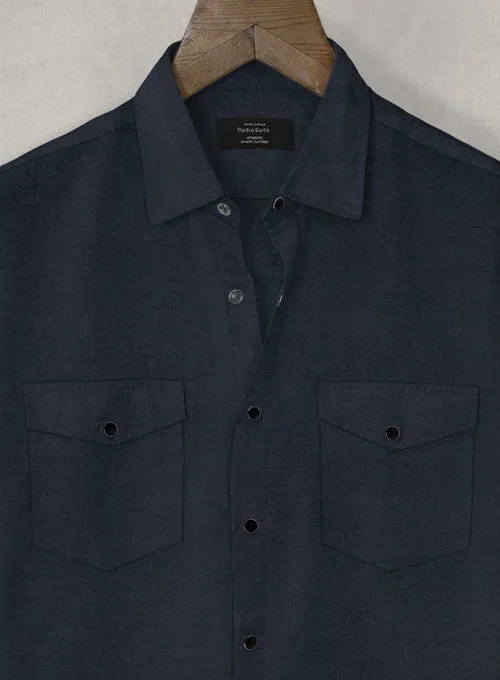 European Dark Blue Linen Western Style Shirt