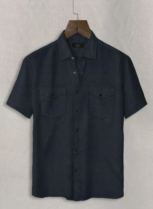 European Dark Blue Linen Western Style Shirt