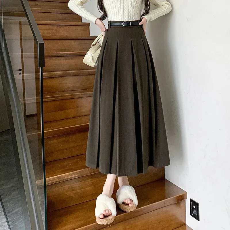 FashionSierra - 2024 New Autumn Winter Woolen Women Long High Waist A-line Pleated Korean Style Ladeis Wool Midi Skirt