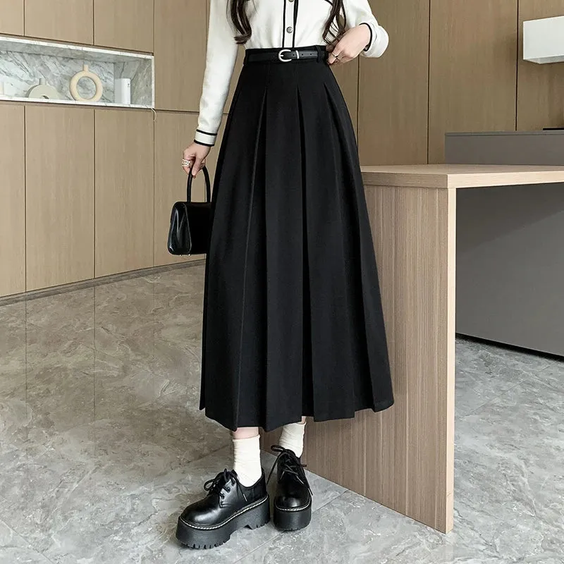 FashionSierra - 2024 New Autumn Winter Woolen Women Long High Waist A-line Pleated Korean Style Ladeis Wool Midi Skirt