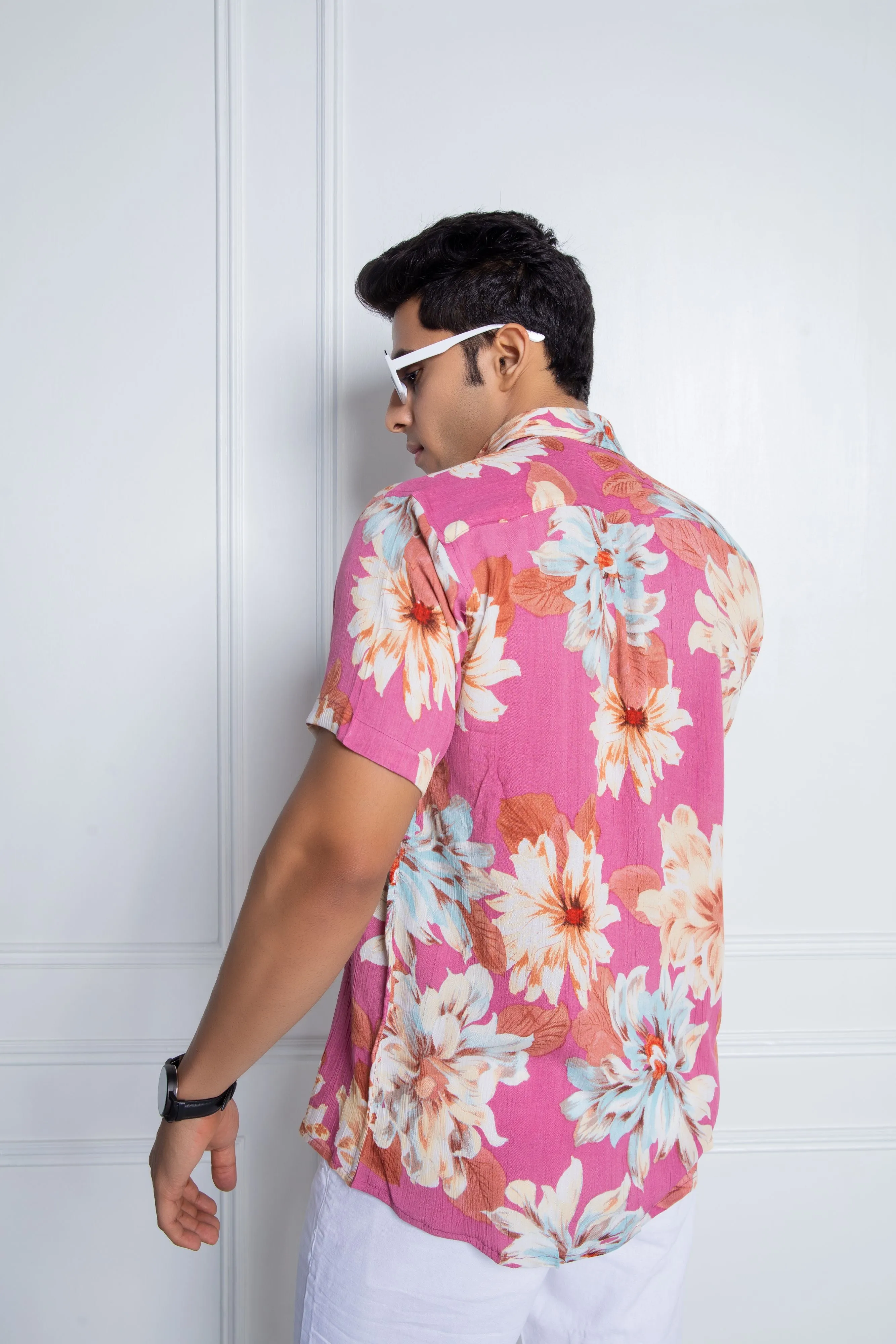 Firangi Yarn Relaxed Fit Super Flowy Re-engineered Cotton Printed Shirt- Half Sleeves (Pinkcity Vanilla)