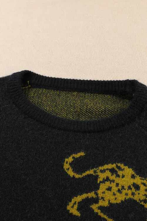 Gold Leopard Round Neck Sweater in Black