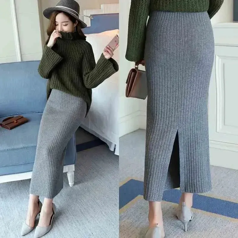 High Quality Woolen Slim Belt Office Midi Skirt