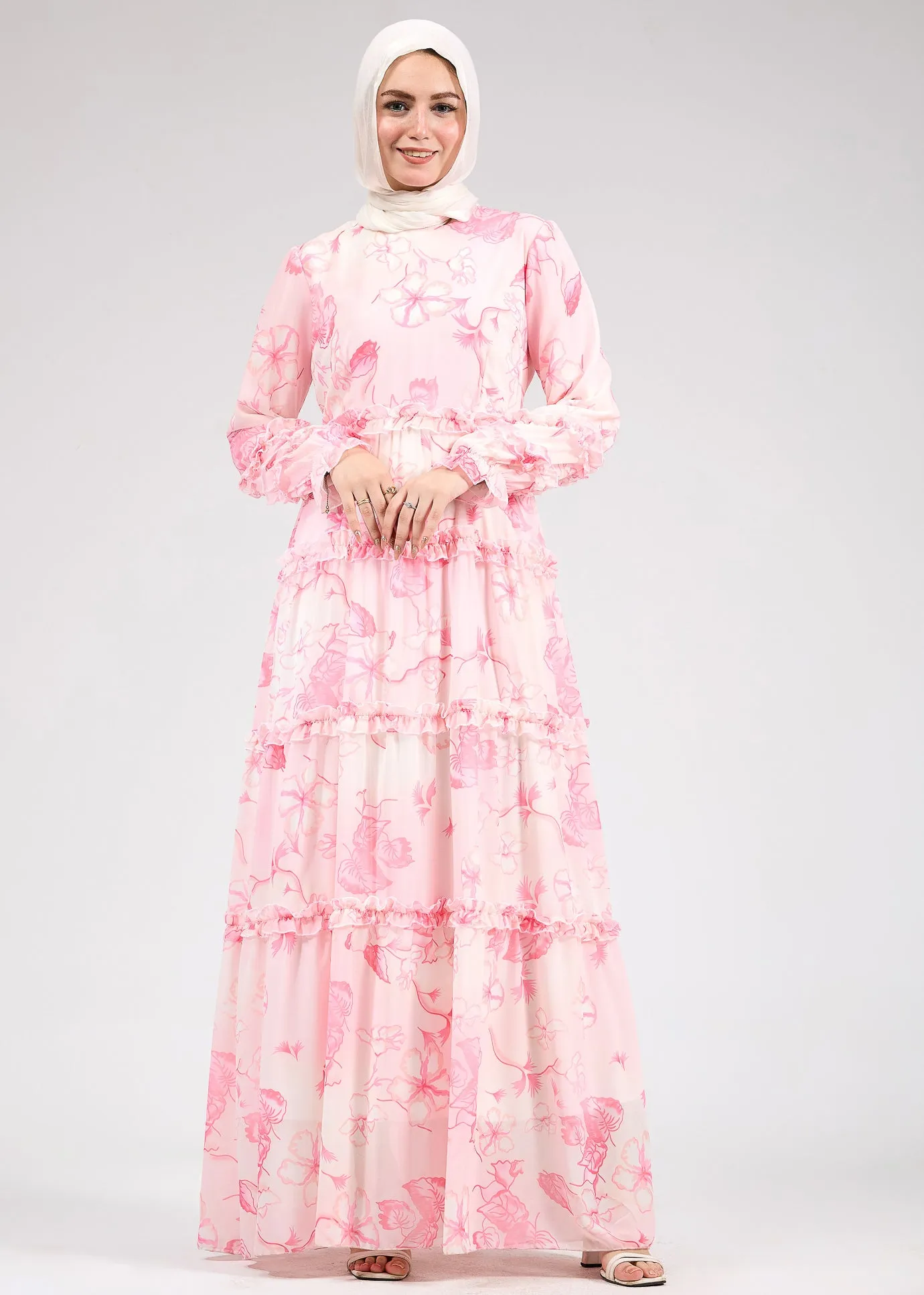 Jalila Delicate Floral Chiffon Maxi Dress with Ruffle Tiers