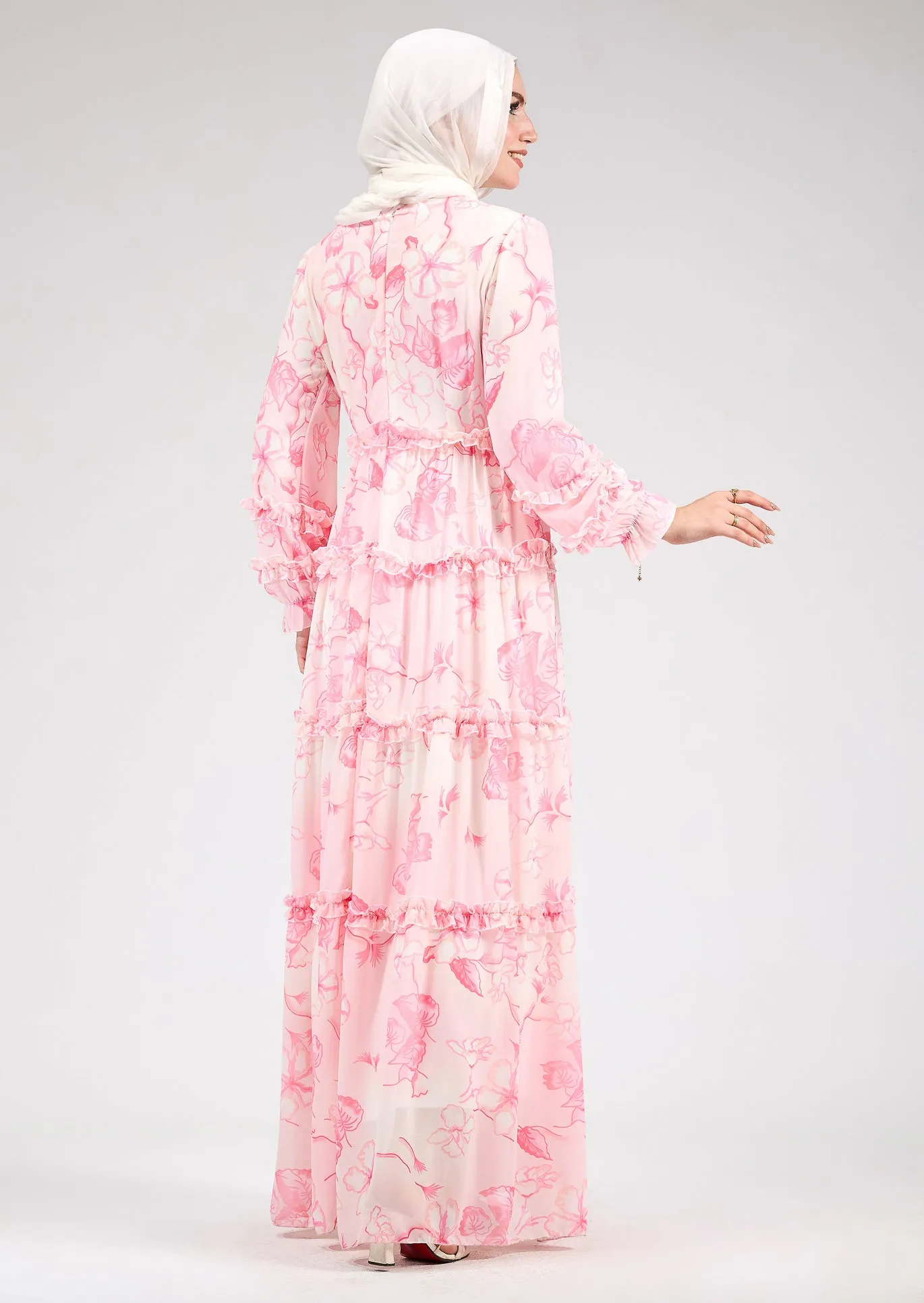 Jalila Delicate Floral Chiffon Maxi Dress with Ruffle Tiers