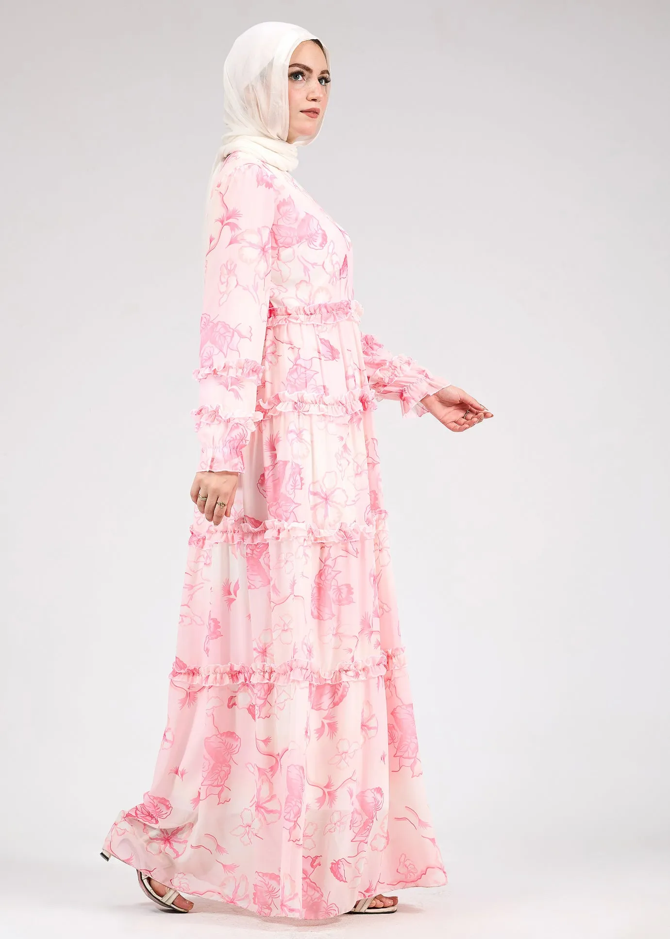 Jalila Delicate Floral Chiffon Maxi Dress with Ruffle Tiers