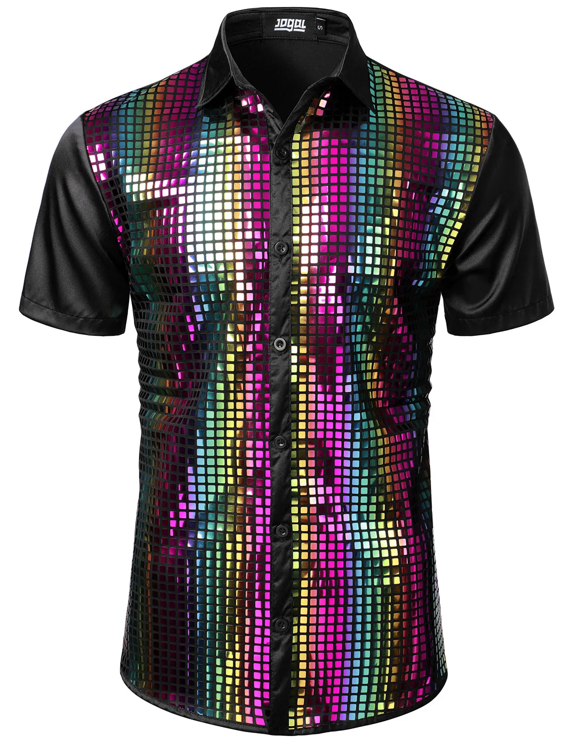 JOGAL Mens Dress Shirt Silver Sequins Short Sleeve Button Down 70s Disco Shirt Party Costume