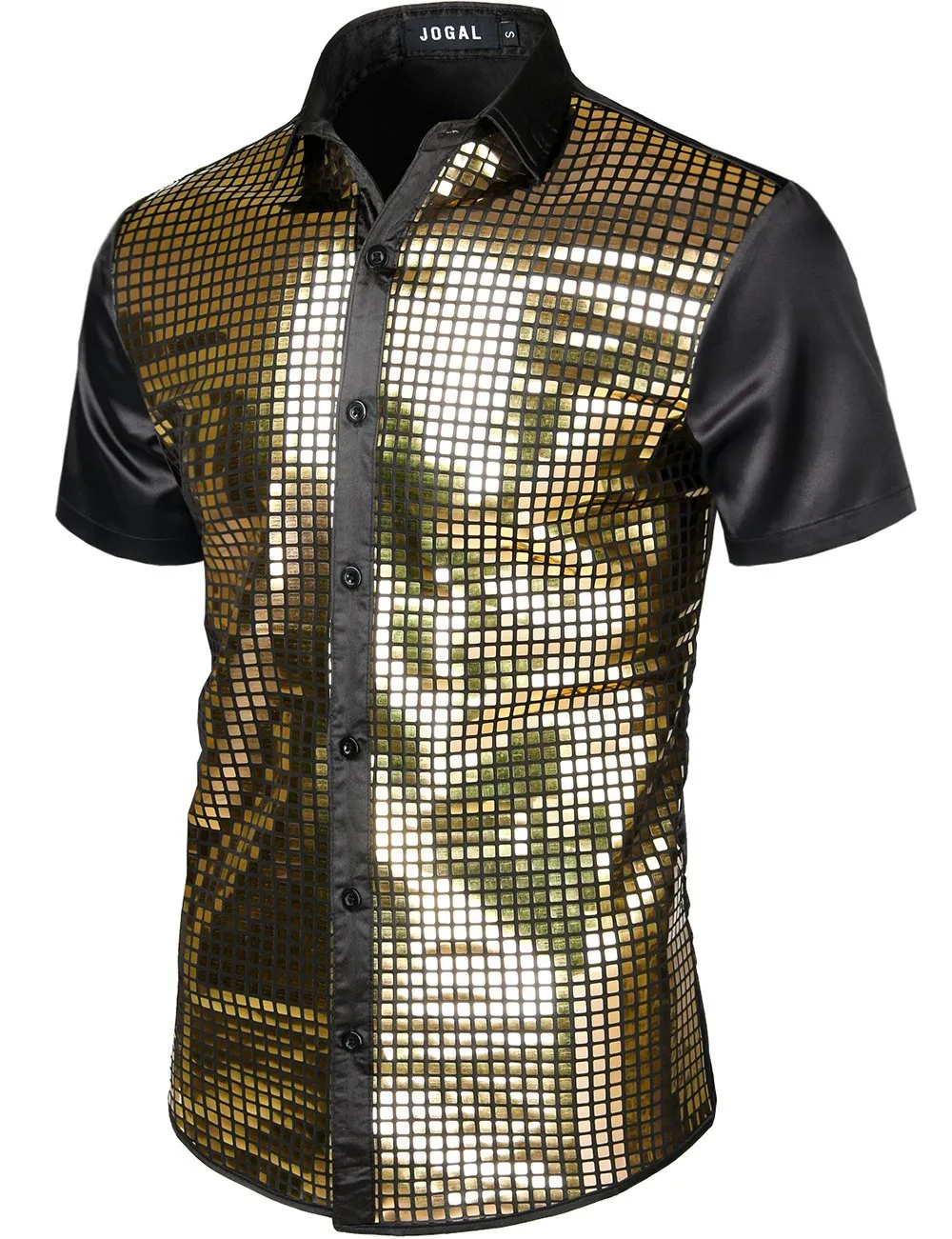 JOGAL Mens Dress Shirt Silver Sequins Short Sleeve Button Down 70s Disco Shirt Party Costume