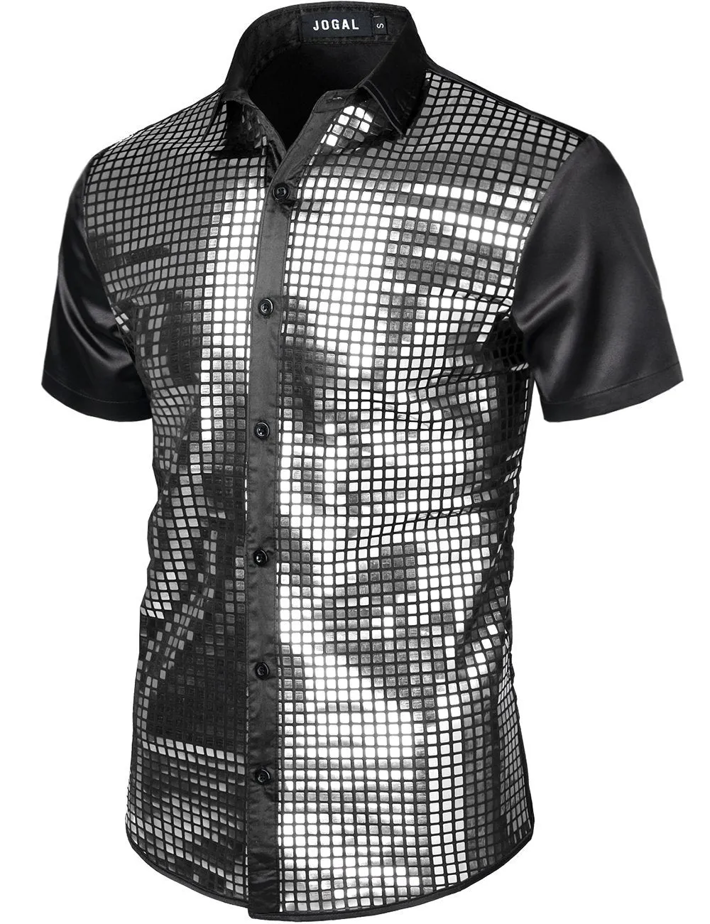 JOGAL Mens Dress Shirt Silver Sequins Short Sleeve Button Down 70s Disco Shirt Party Costume