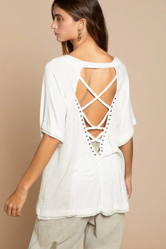 Kara Studded Strappy Back Waffle Mixed Knit Top