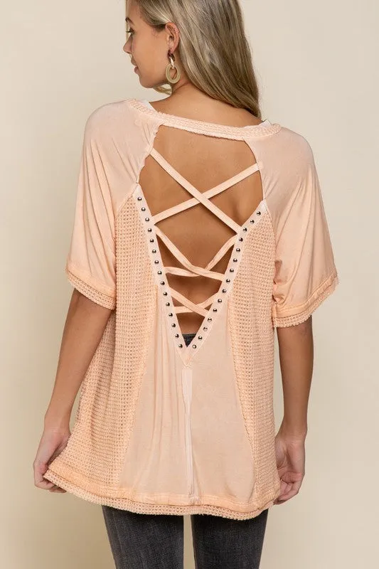 Kara Studded Strappy Back Waffle Mixed Knit Top