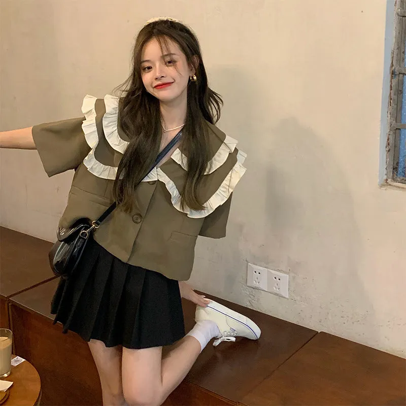 Korean Short Blazer Women French Trendy College Shirt Color-Matching Doll Collar Tops Outerwear